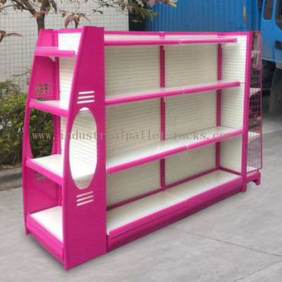 Buy Multi Sizes 4 Levels Metal Gondola Shelving Double Side Display Racks Pink For Retail shop online manufacture