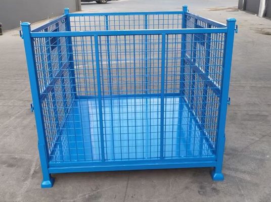 Buy stackable folding steel container with mesh protection In blue color for material production storage online manufacture