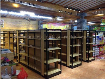 Supermarket Industrial Pallet Racks Metal / Wood Display Shelving Double Sided