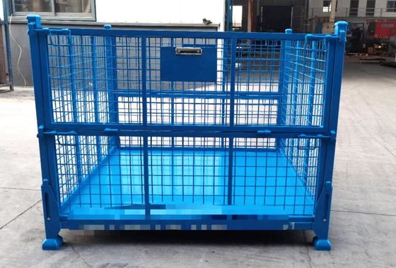 stackable folding steel container with mesh protection In blue color for material production storage