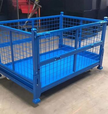 stackable folding steel container with mesh protection In blue color for material production storage