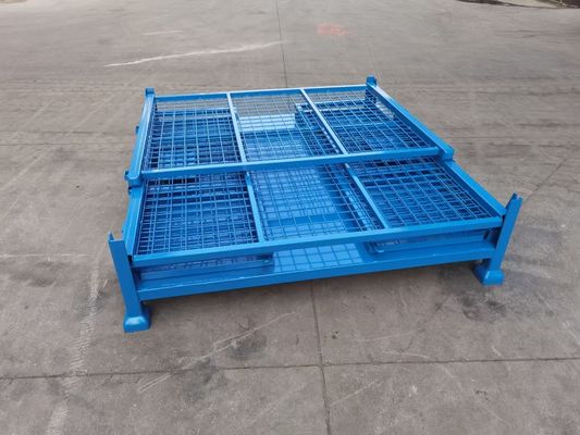 stackable folding steel container with mesh protection In blue color for material production storage